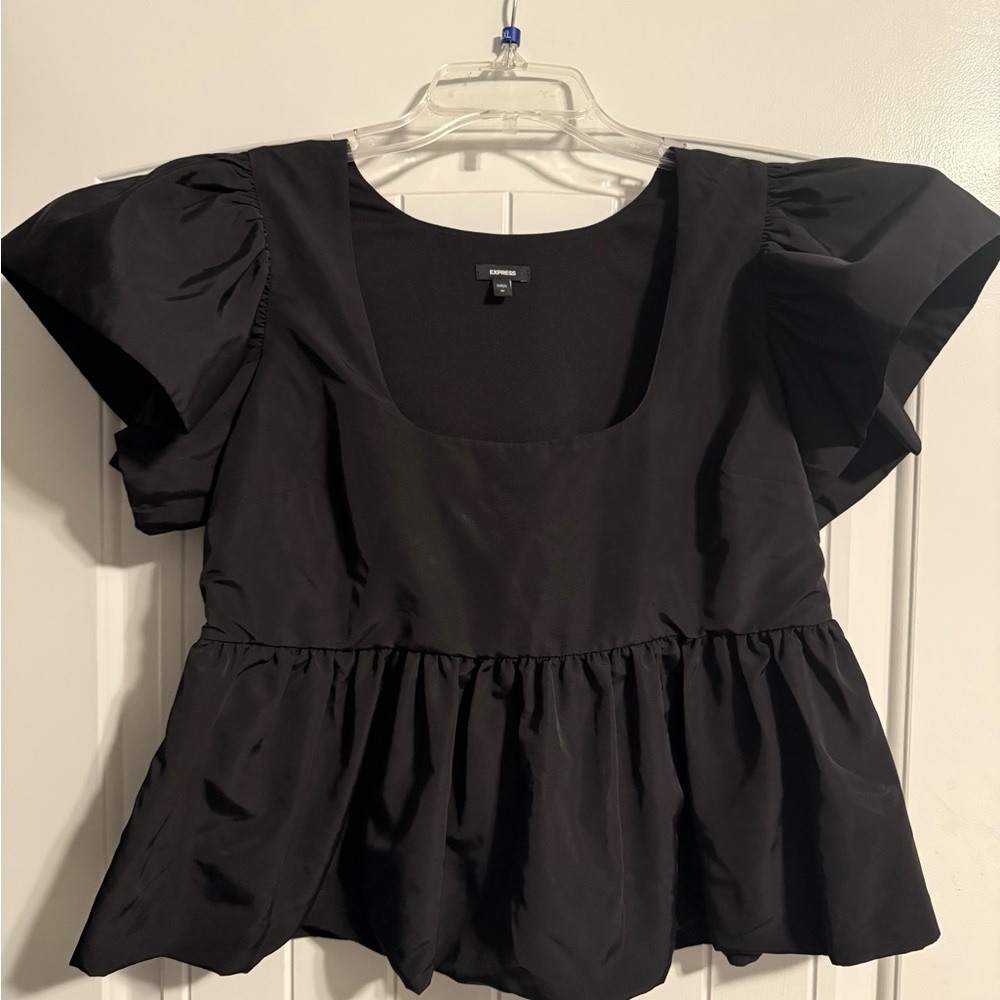Express Black Peplum Blouse with Flutter Sleeves